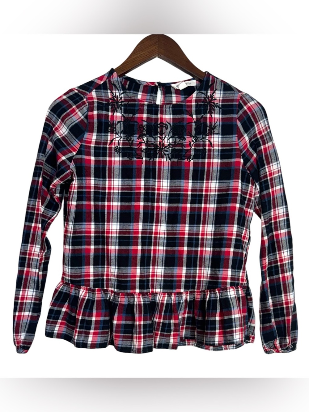Beach Lunch Lounge Black Red Plaid Gingham Floral Embroidered Peplum Blouse XS